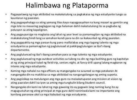halimbawa Ng plataporma Ng mayor .